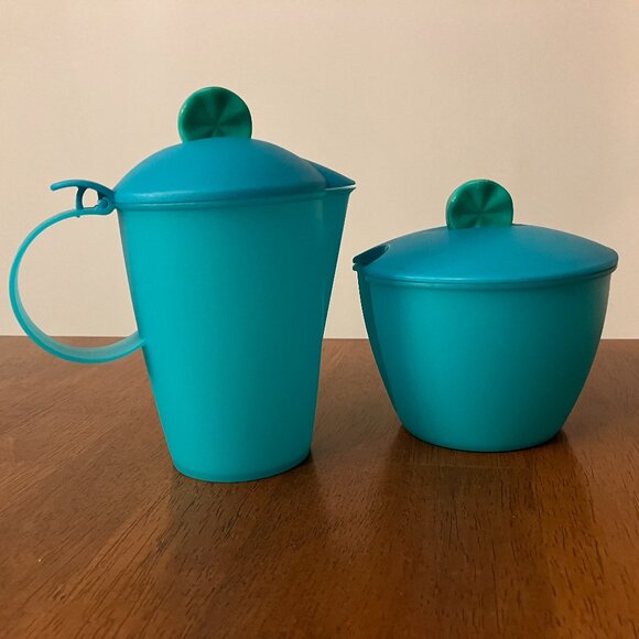 Rare Tupperware Teal Blue/Green Creamer Sugar Bowl Open House Set - Picture 1 of 5